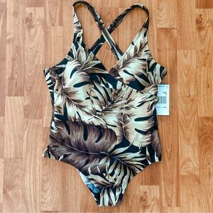 NWT Speedo One Piece Swimsuit Tropical Crossback Size 16 Brown Black Bathing